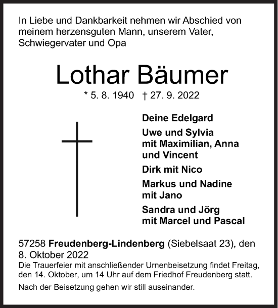 Traueranzeige von Lothar Bäumer von Siegener Zeitung