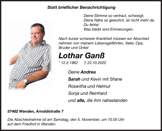 Traueranzeige von Lothar Ganß von Siegener Zeitung