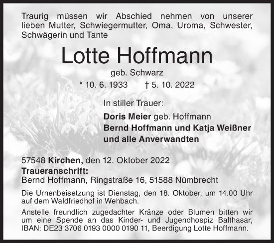 Traueranzeige von Lotte Hoffmann von Siegener Zeitung