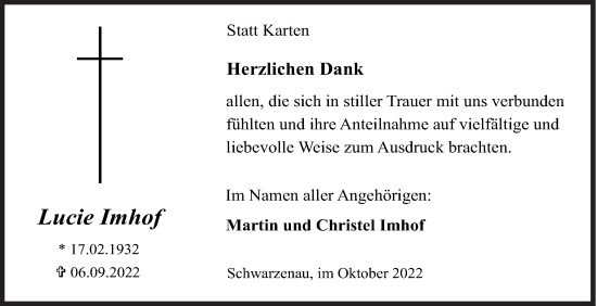 Traueranzeige von Lucie Imhof von Siegener Zeitung