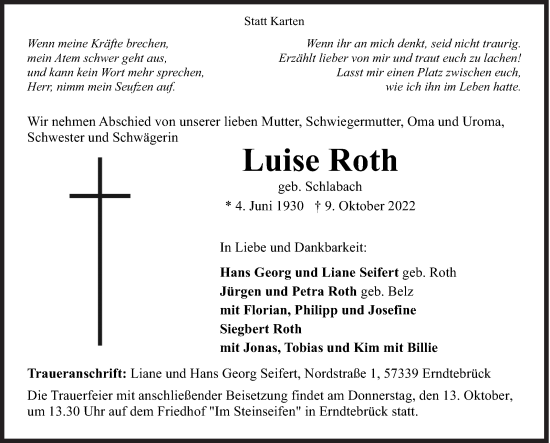 Traueranzeige von Luise Roth von Siegener Zeitung