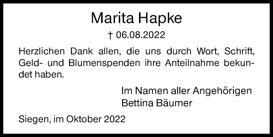 Traueranzeige von Maerita Hapke von Siegener Zeitung