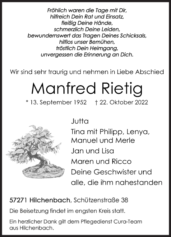 Traueranzeige von Manfred Rietig von Siegener Zeitung