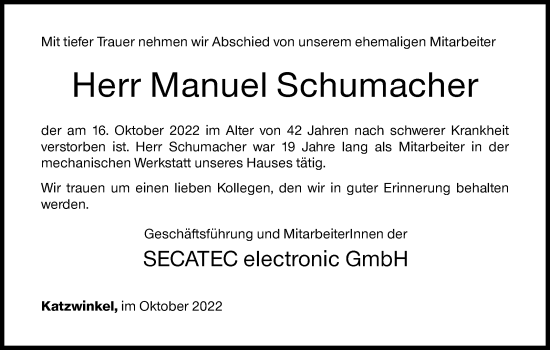 Traueranzeige von Manuel Schumacher von Siegener Zeitung