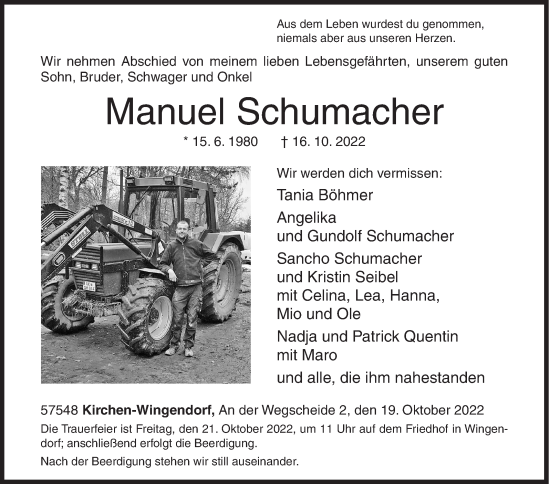 Traueranzeige von Manuel Schumacher von Siegener Zeitung