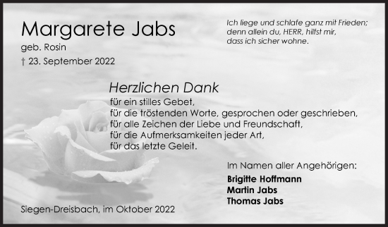 Traueranzeige von Margarete Jabs von Siegener Zeitung