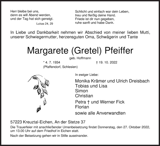 Traueranzeige von Margarete Pfeiffer von Siegener Zeitung