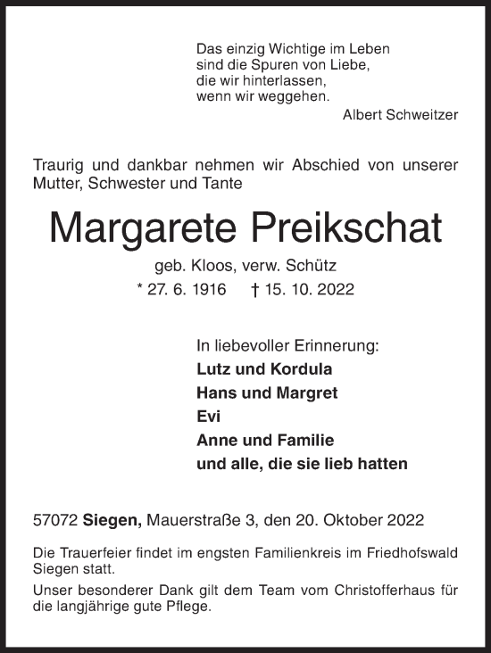 Traueranzeige von Margarete Preikschat von Siegener Zeitung
