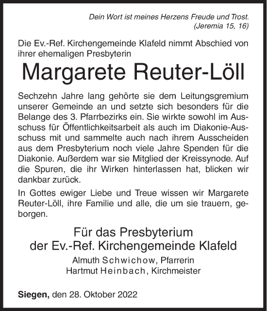 Traueranzeige von Margarete Reuter-Löll von Siegener Zeitung
