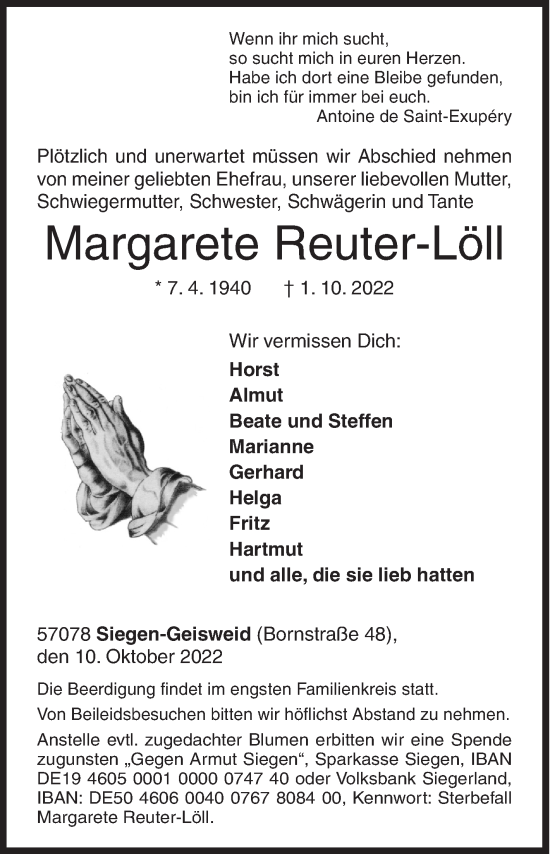 Traueranzeige von Margarete Reuter-Löll von Siegener Zeitung