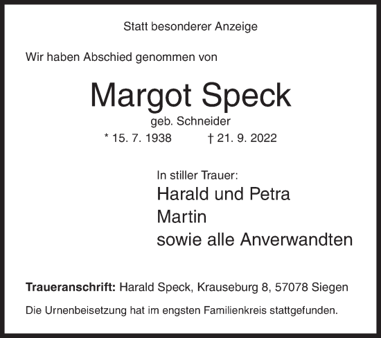 Traueranzeige von Margot Speck von Siegener Zeitung