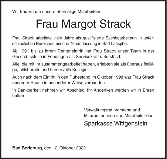 Traueranzeige von Margot Strack von Siegener Zeitung