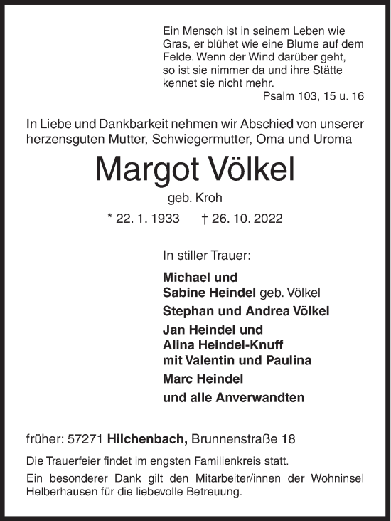 Traueranzeige von Margot Völkel von Siegener Zeitung
