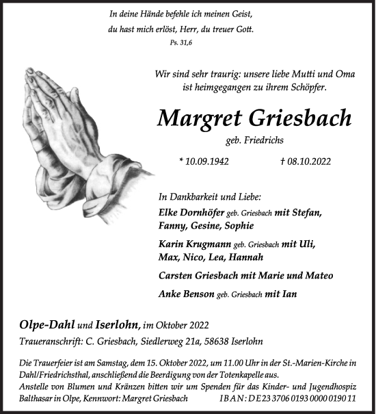 Traueranzeige von Margret Griesbach von Siegener Zeitung