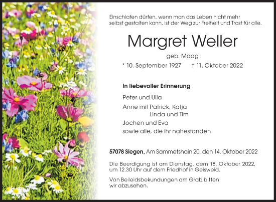 Traueranzeige von Margret Weller von Siegener Zeitung