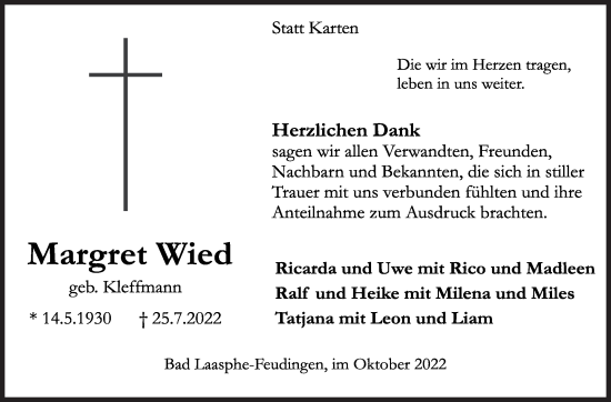 Traueranzeige von Margret Wied von Siegener Zeitung