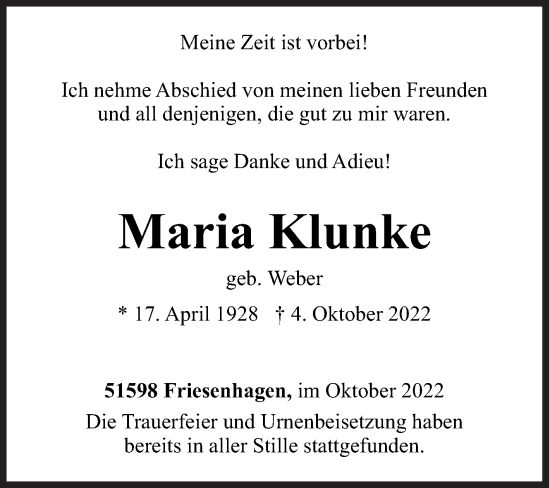 Traueranzeige von Maria Klunke von Siegener Zeitung