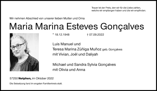 Traueranzeige von Maria Marina Esteves Goncalves von Siegener Zeitung