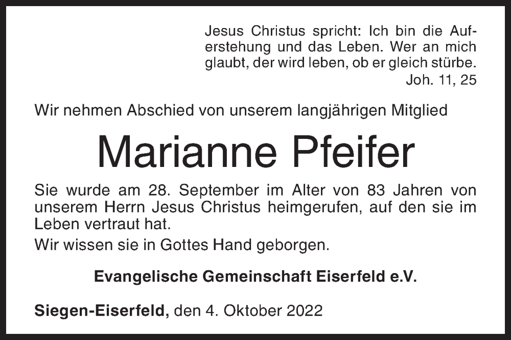  Traueranzeige für Marianne Pfeifer vom 04.10.2022 aus Siegener Zeitung
