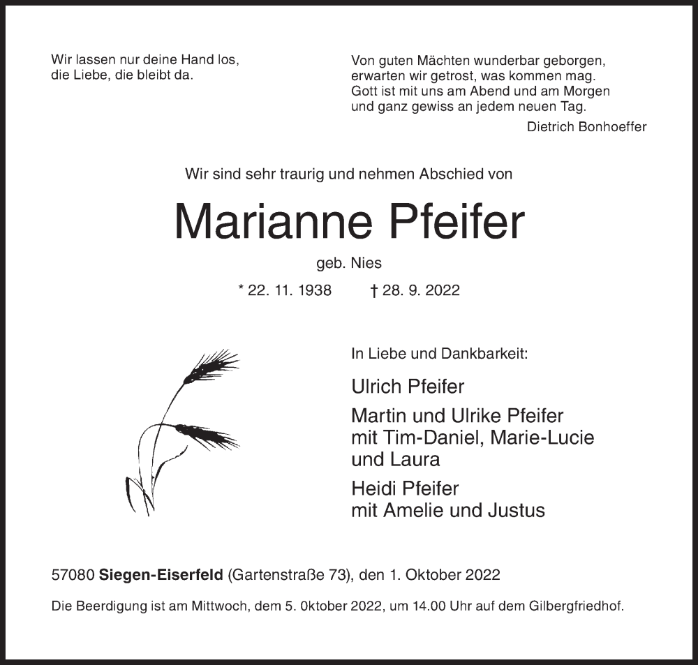  Traueranzeige für Marianne Pfeifer vom 01.10.2022 aus Siegener Zeitung