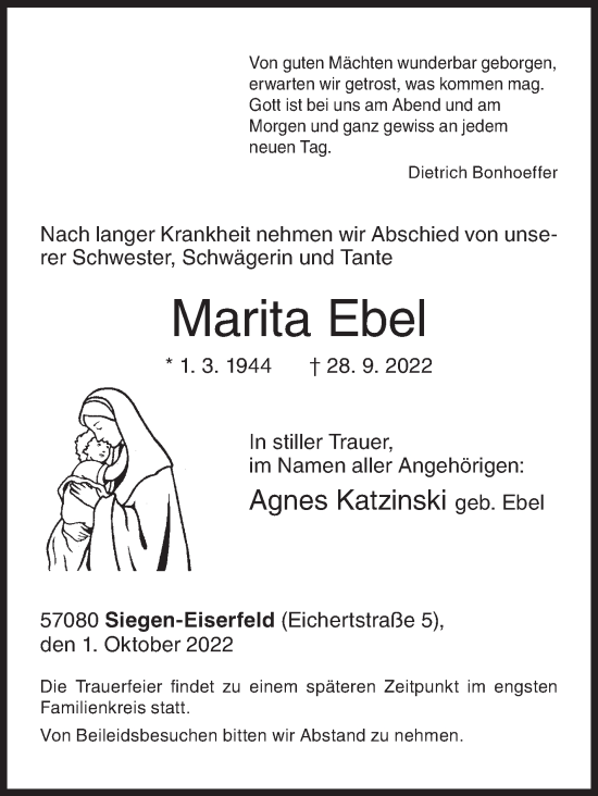 Traueranzeige von Marita Ebel von Siegener Zeitung