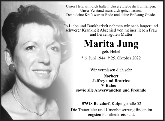 Traueranzeige von Marita Jung von Siegener Zeitung