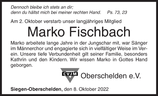 Traueranzeige von Marko Fischbach von Siegener Zeitung