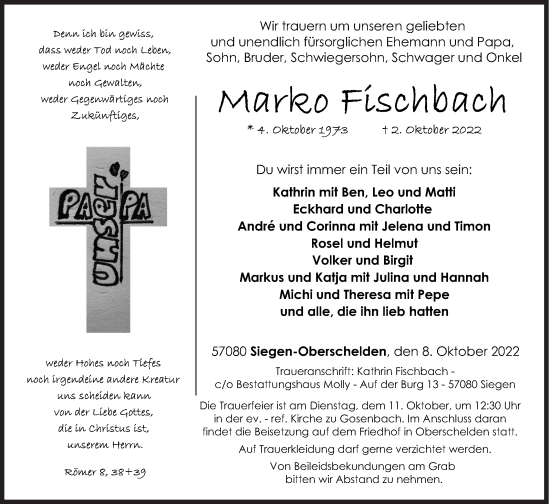Traueranzeige von Marko Fischbach von Siegener Zeitung
