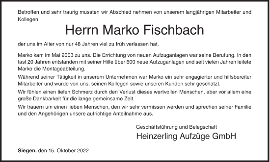 Traueranzeige von Marko Fischbach von Siegener Zeitung
