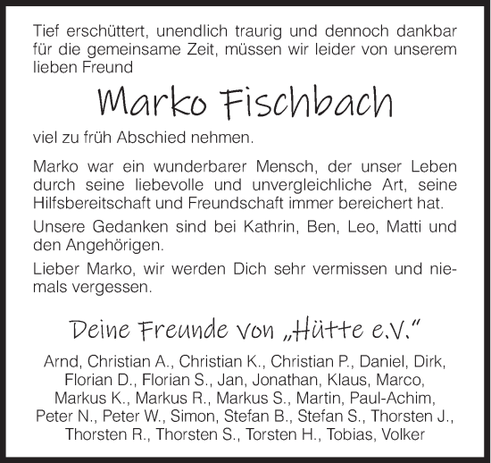 Traueranzeige von Marko Fischbach von Siegener Zeitung