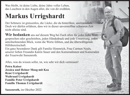 Traueranzeige von Markus Urrigshardt von Siegener Zeitung