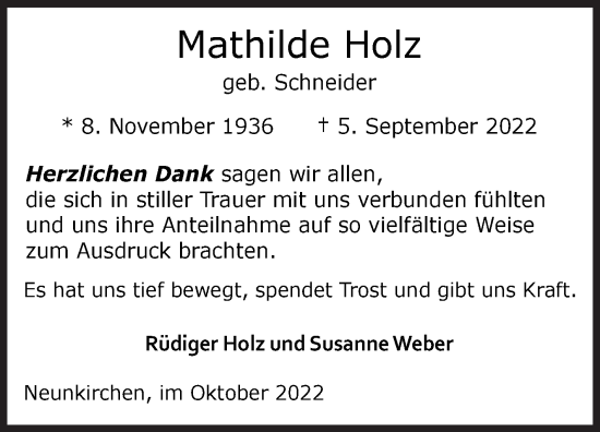 Traueranzeige von Mathilde Holz von Siegener Zeitung