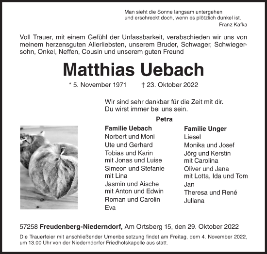 Traueranzeige von Matthias Uebach von Siegener Zeitung
