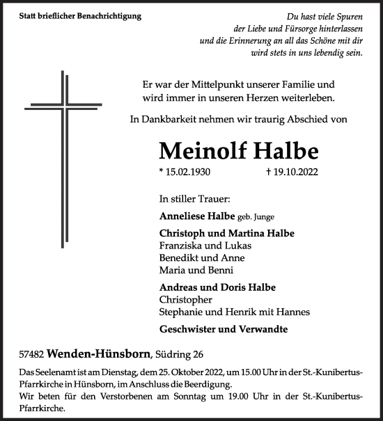 Traueranzeige von Meinolf Halbe von Siegener Zeitung