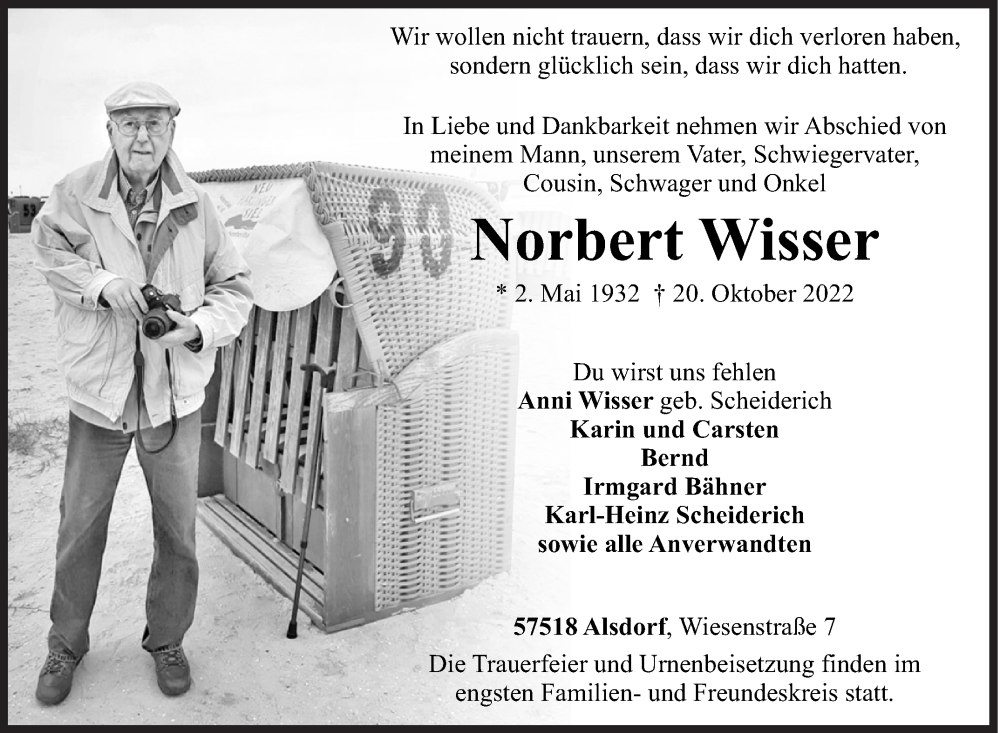  Traueranzeige für Norbert Wisser vom 26.10.2022 aus Siegener Zeitung