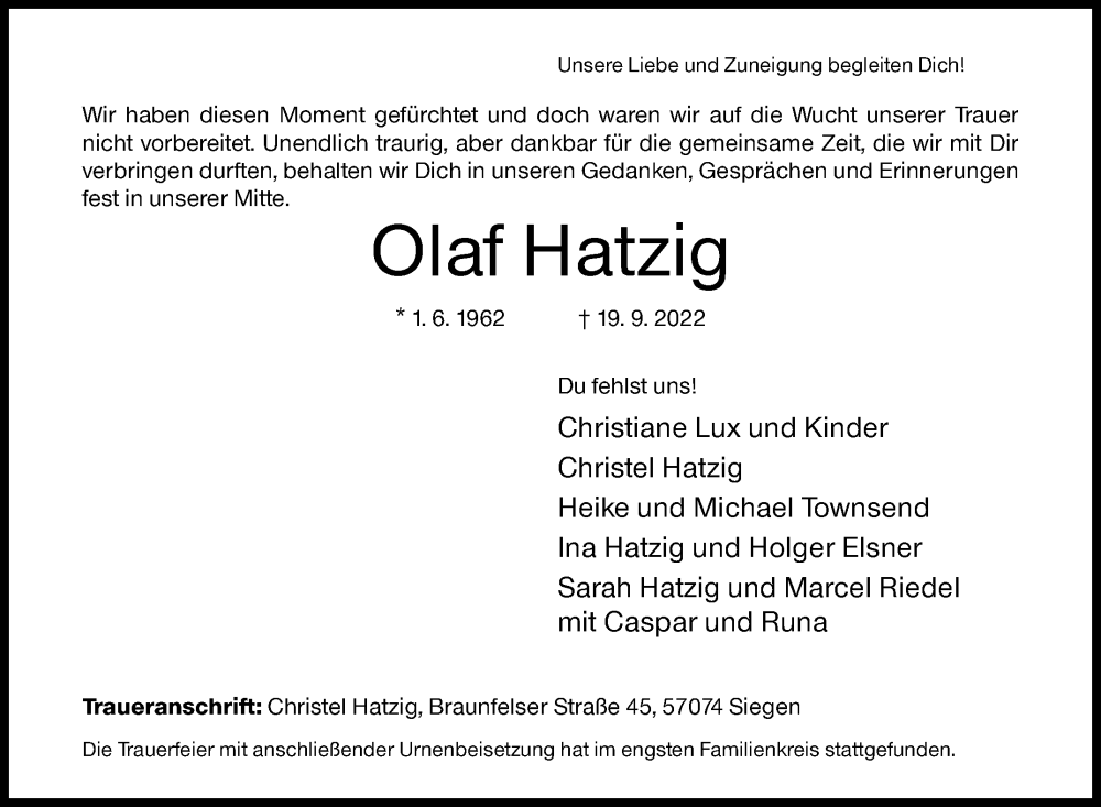  Traueranzeige für Olaf Hatzig vom 20.10.2022 aus Siegener Zeitung