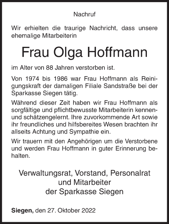 Traueranzeige von Olga Hoffmann von Siegener Zeitung