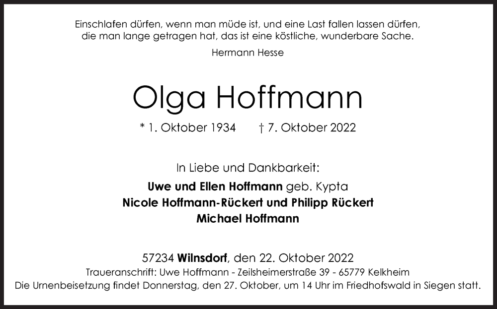  Traueranzeige für Olga Hoffmann vom 22.10.2022 aus Siegener Zeitung
