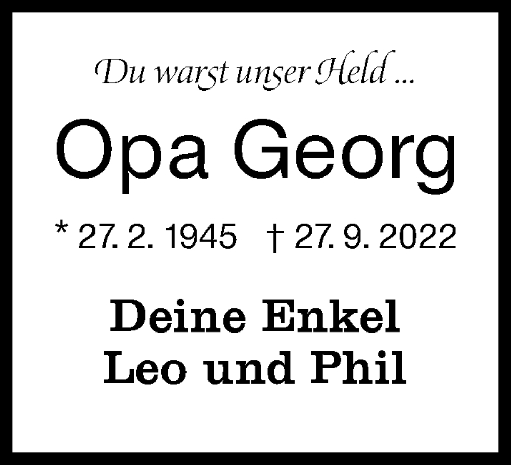  Traueranzeige für Opa Georg  vom 01.10.2022 aus Siegener Zeitung