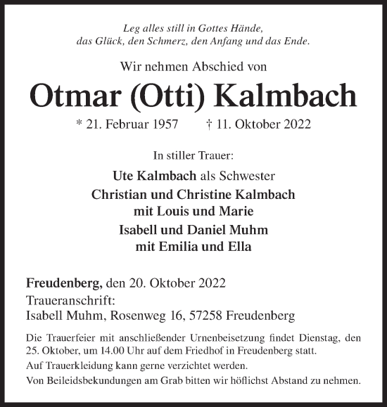 Traueranzeige von Otmar Kalmbach von Siegener Zeitung