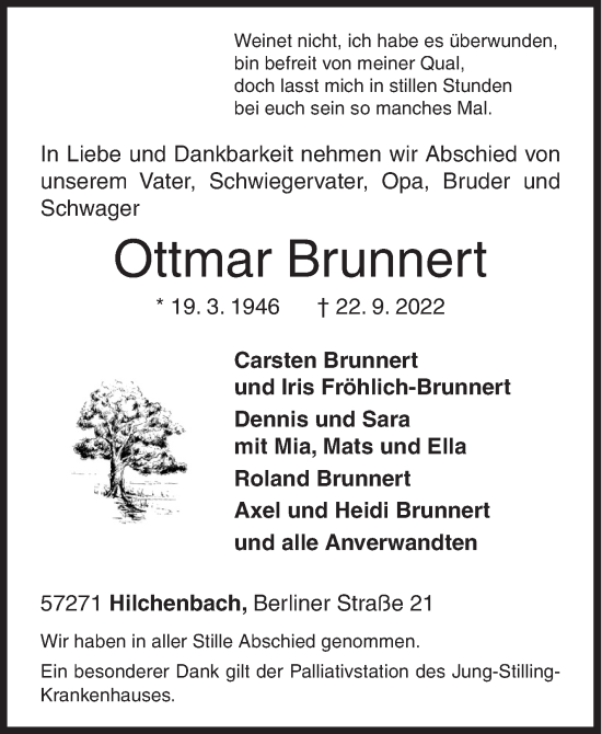 Traueranzeige von Ottmar Brunnert von Siegener Zeitung