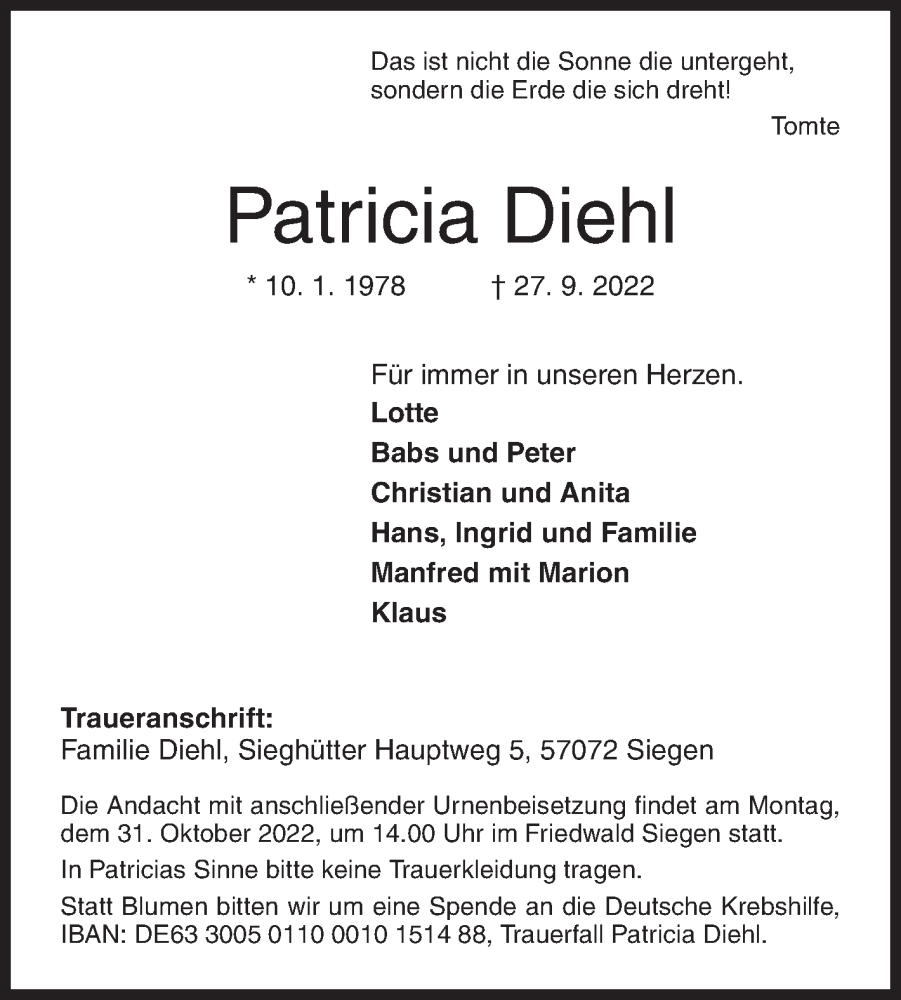  Traueranzeige für Patricia Diehl vom 01.10.2022 aus Siegener Zeitung