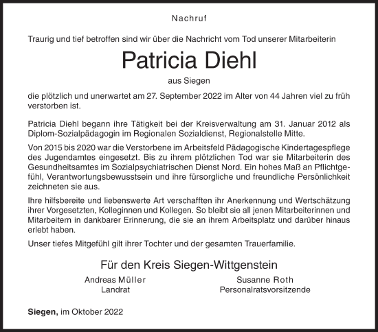 Traueranzeige von Patricia Diehl von Siegener Zeitung