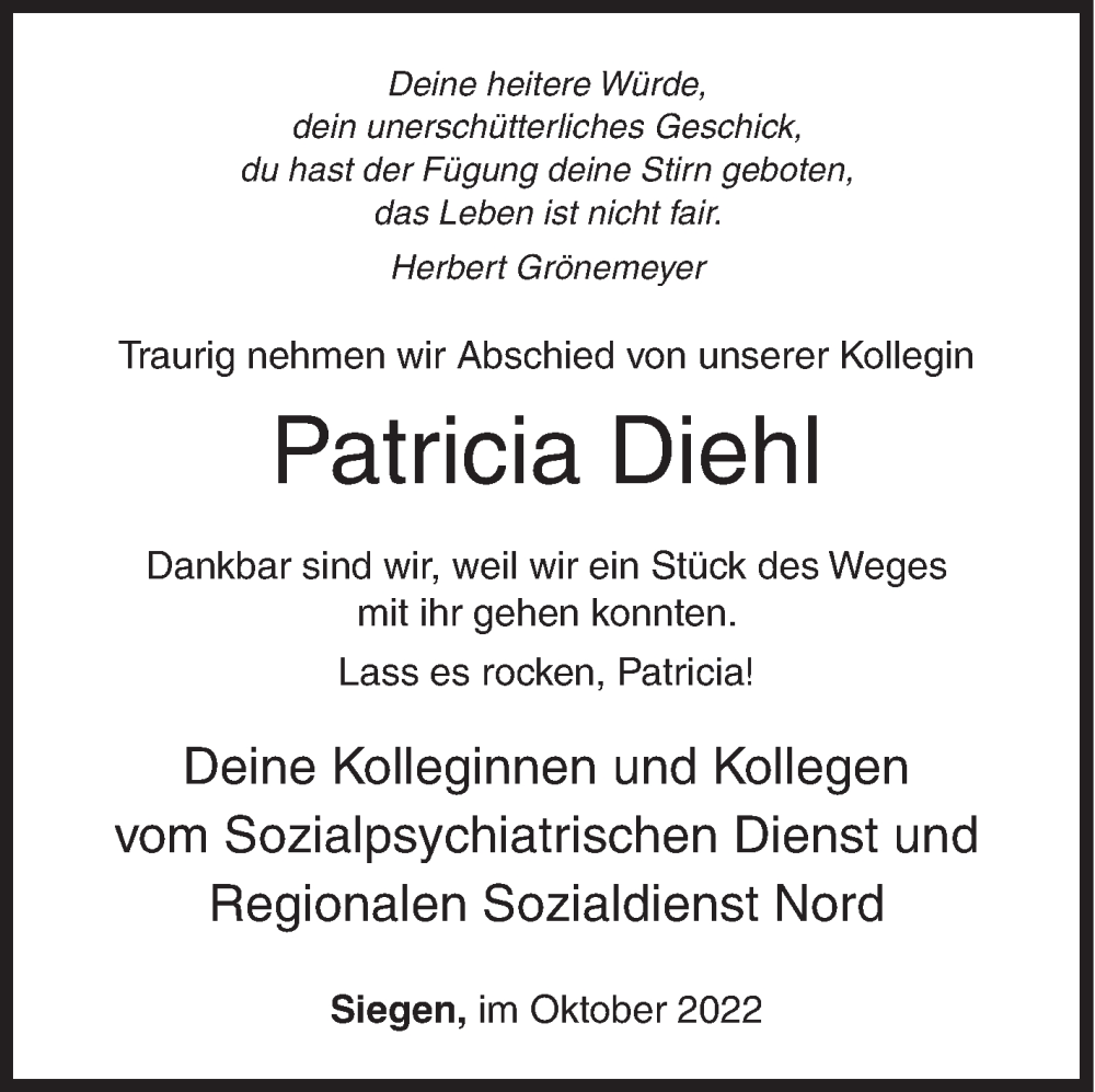  Traueranzeige für Patricia Diehl vom 05.10.2022 aus Siegener Zeitung