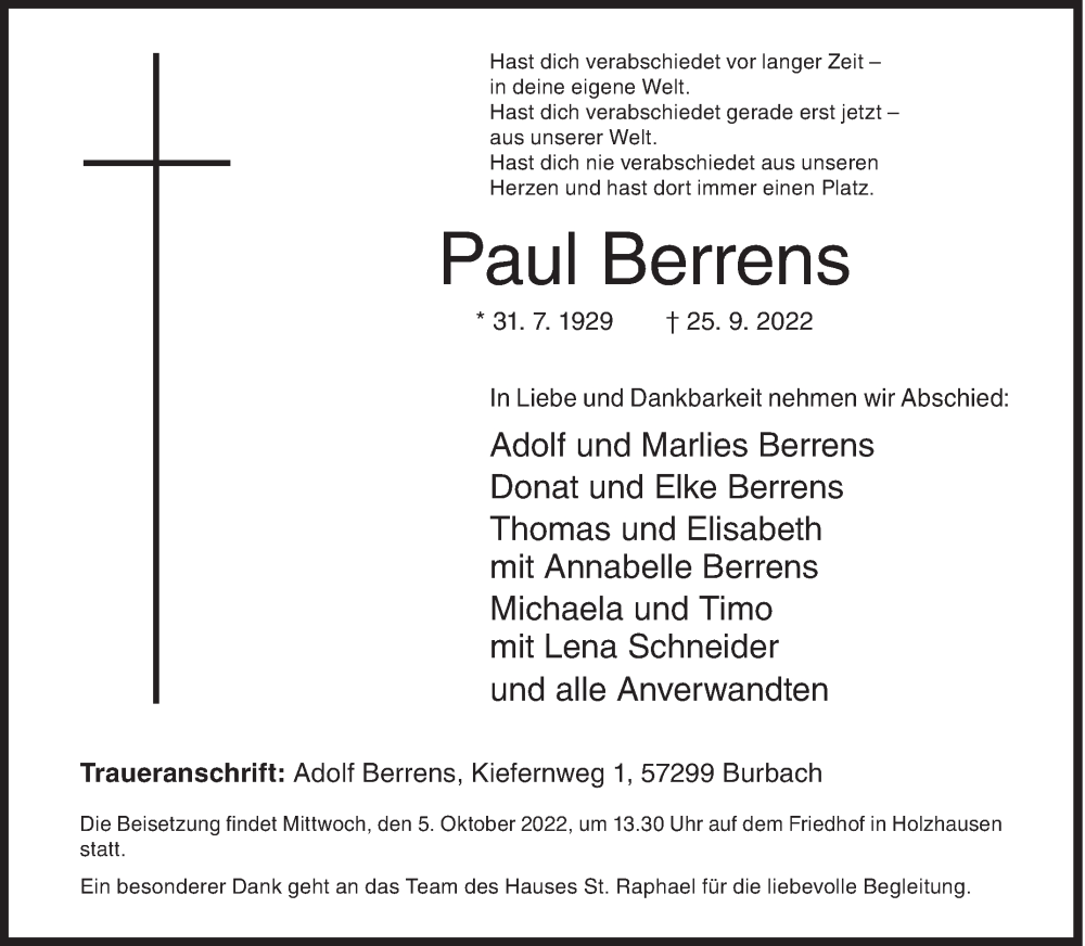  Traueranzeige für Paul Berrens vom 01.10.2022 aus Siegener Zeitung