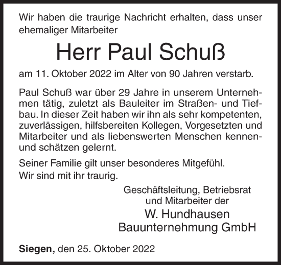 Traueranzeige von Paul Schuß von Siegener Zeitung