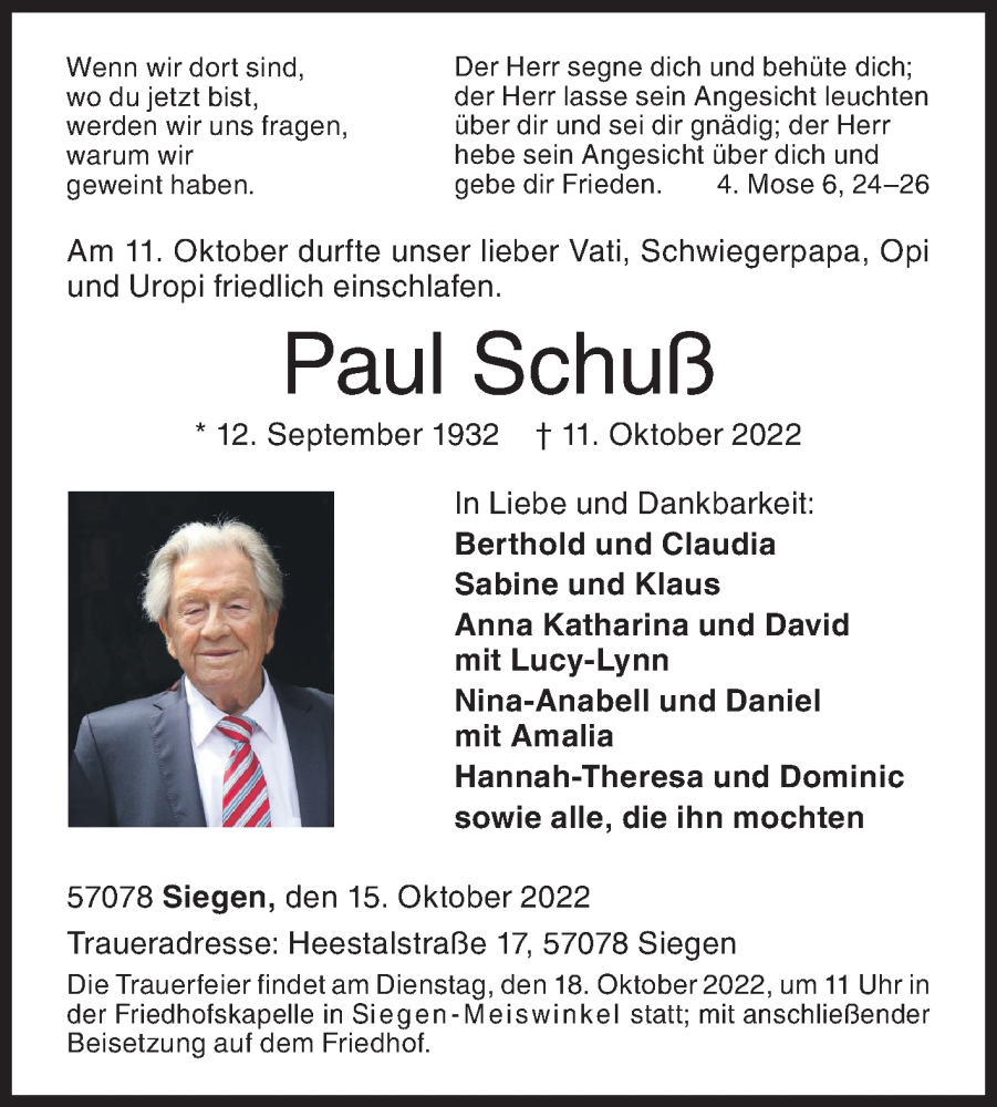  Traueranzeige für Paul Schuß vom 15.10.2022 aus Siegener Zeitung