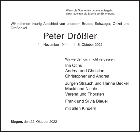 Traueranzeige von Peter Drößler von Siegener Zeitung