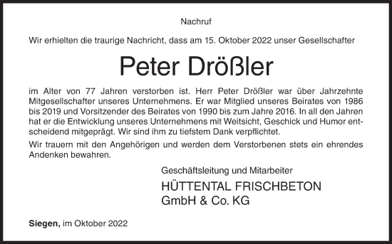 Traueranzeige von Peter Drößler von Siegener Zeitung