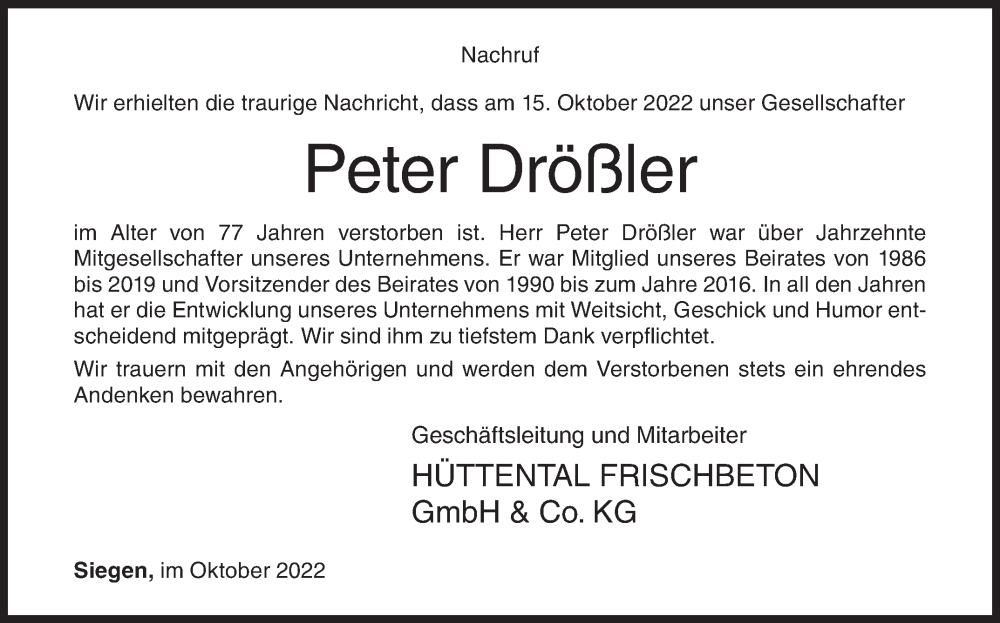  Traueranzeige für Peter Drößler vom 22.10.2022 aus Siegener Zeitung